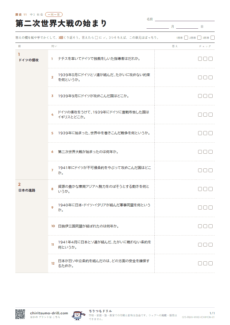 第二次世界大戦の始まり 一問一答の見本