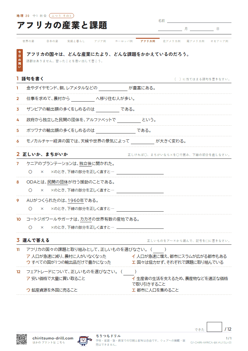 アフリカの産業と課題 ふつう その3の見本