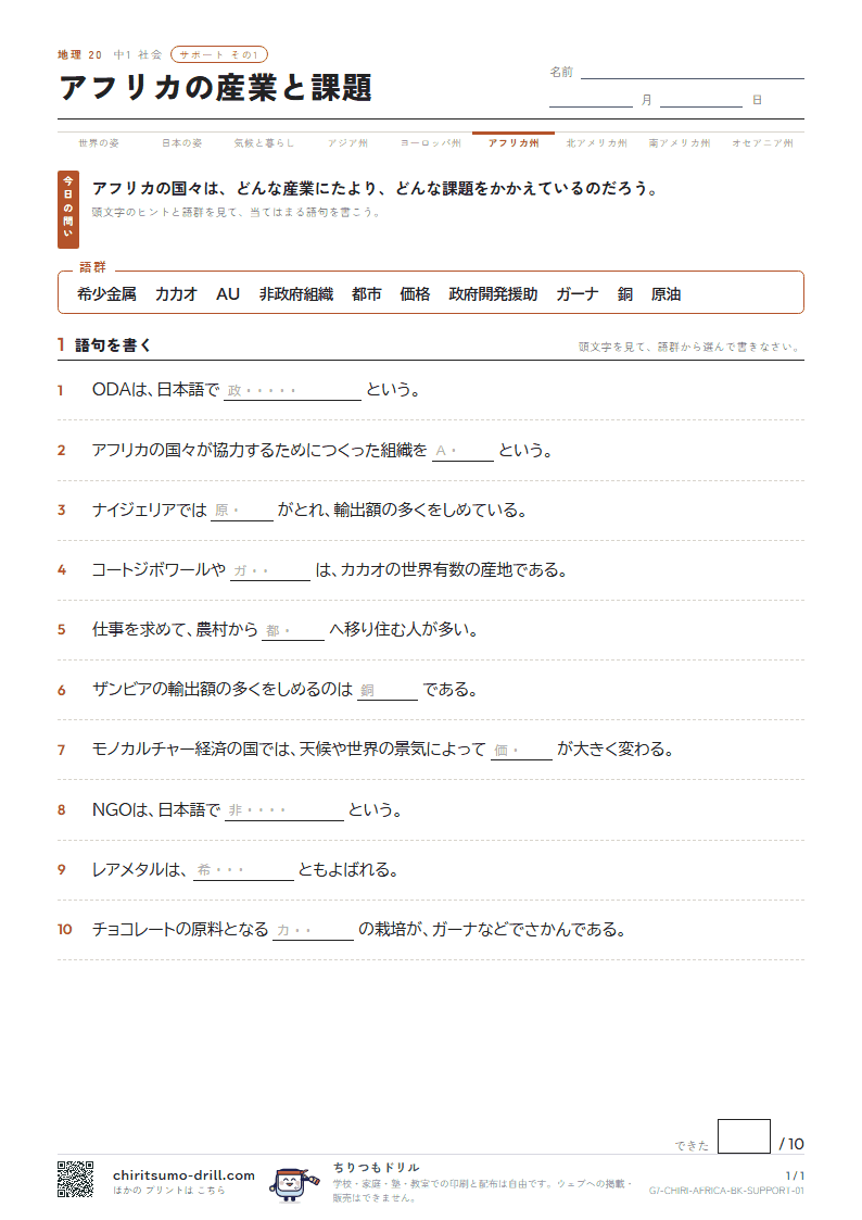 アフリカの産業と課題 サポート その1の見本