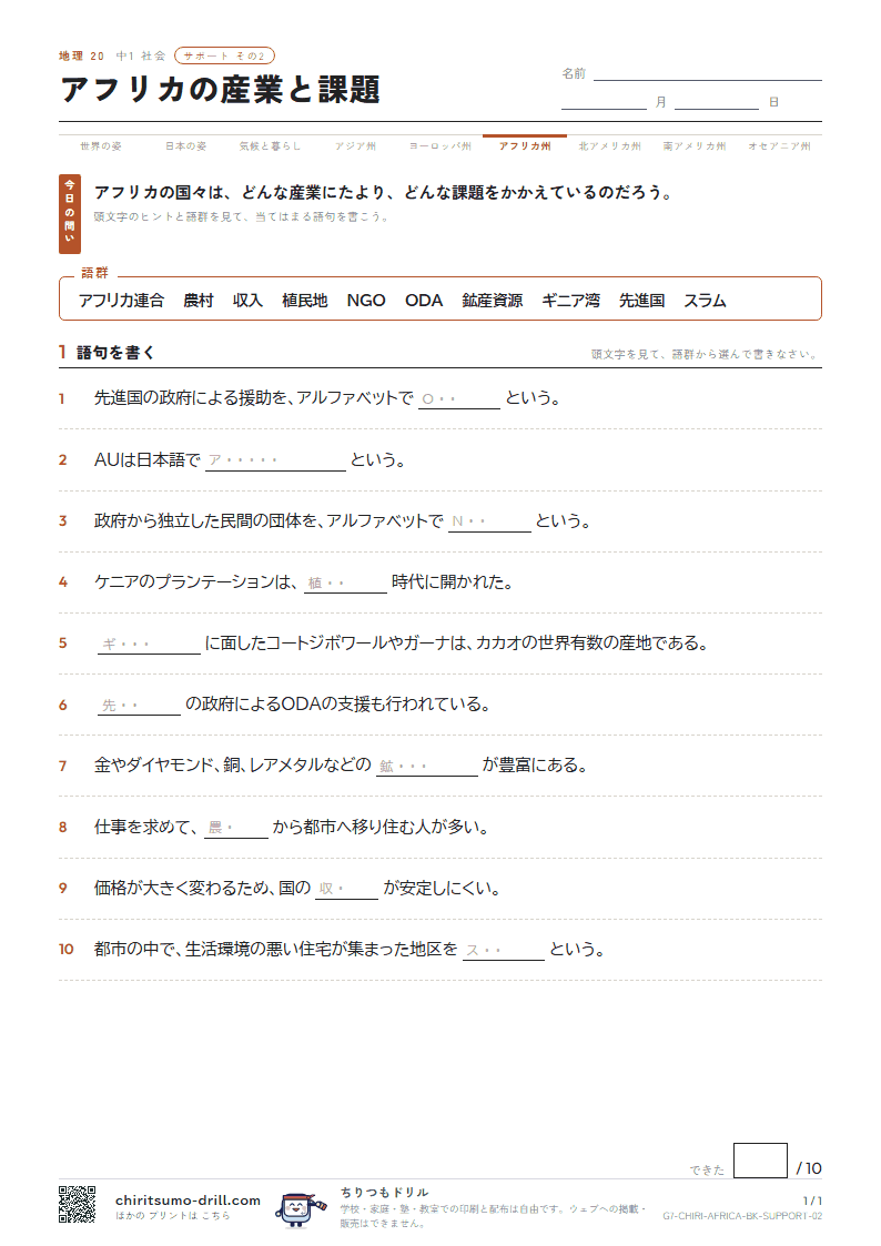 アフリカの産業と課題 サポート その2の見本