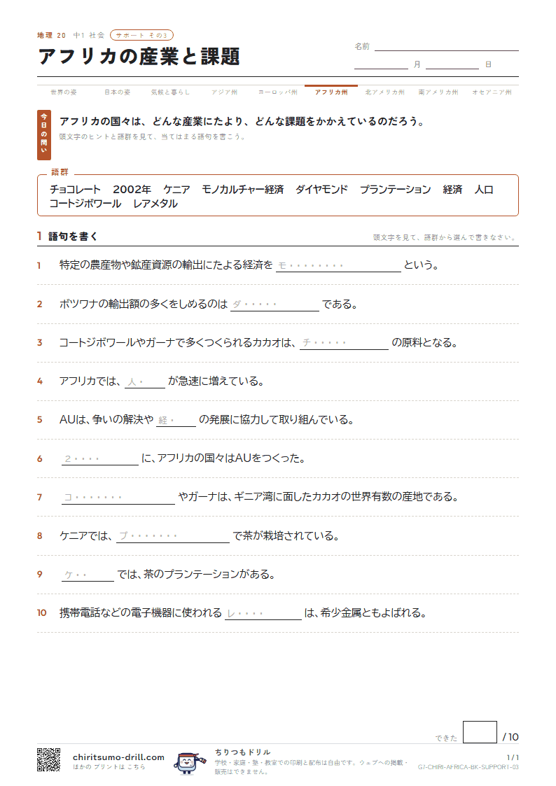アフリカの産業と課題 サポート その3の見本
