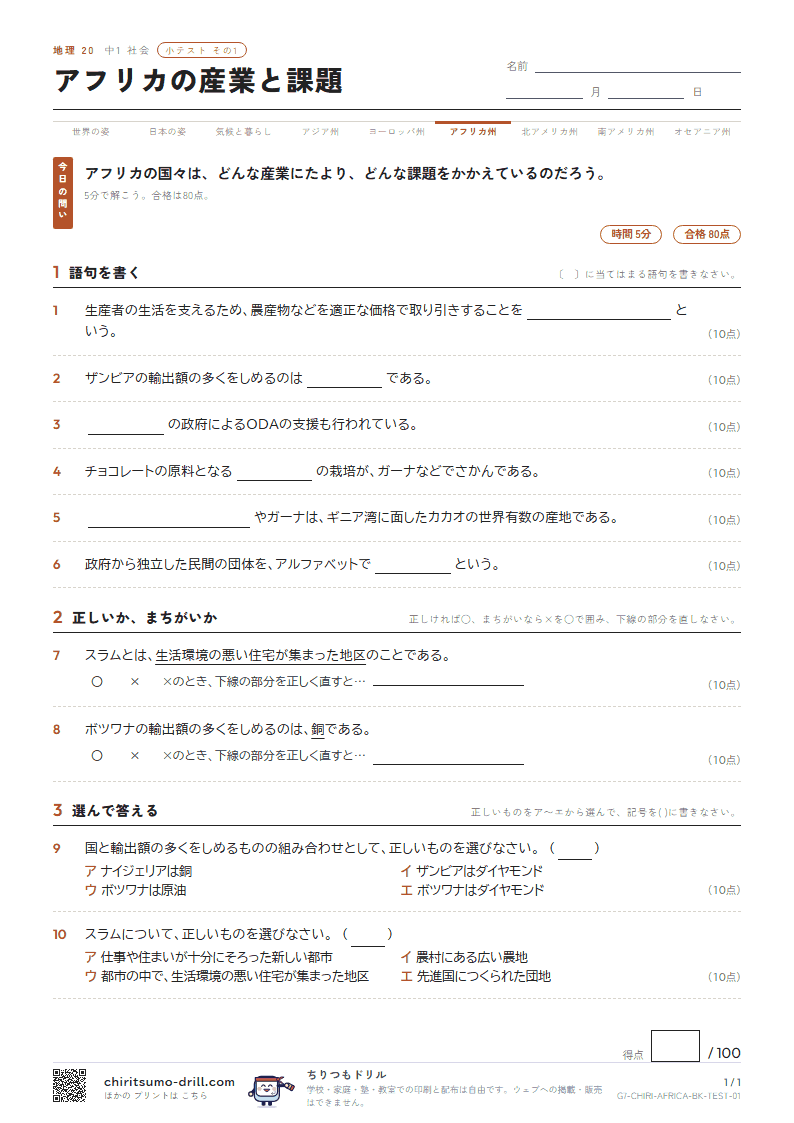 アフリカの産業と課題 小テスト その1の見本
