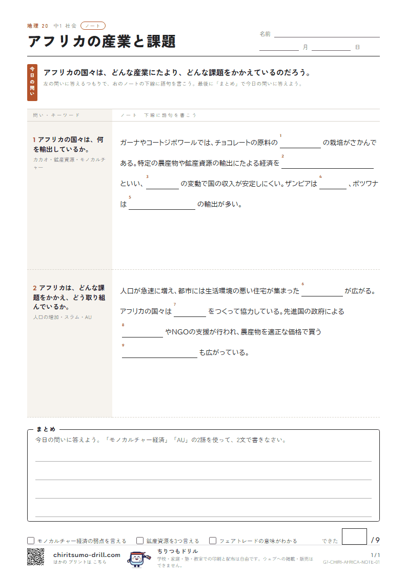 アフリカの産業と課題 ノートの見本