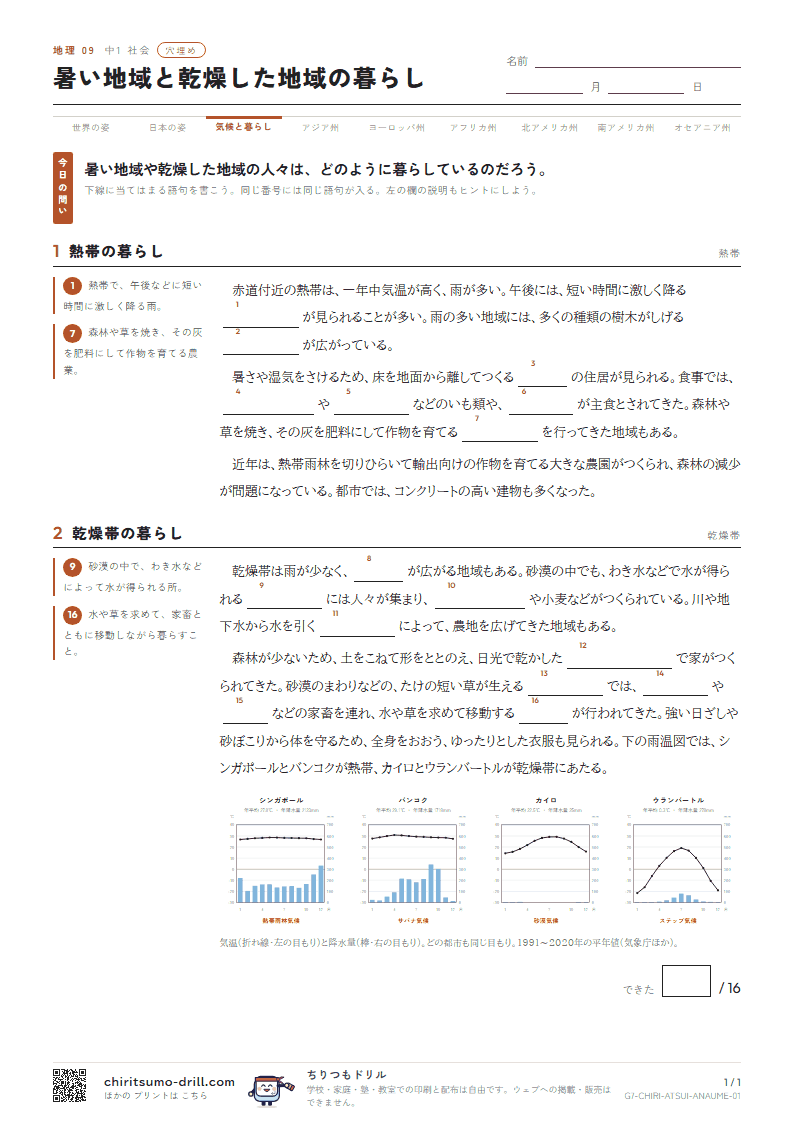 暑い地域と乾燥した地域の暮らし 穴埋めの見本