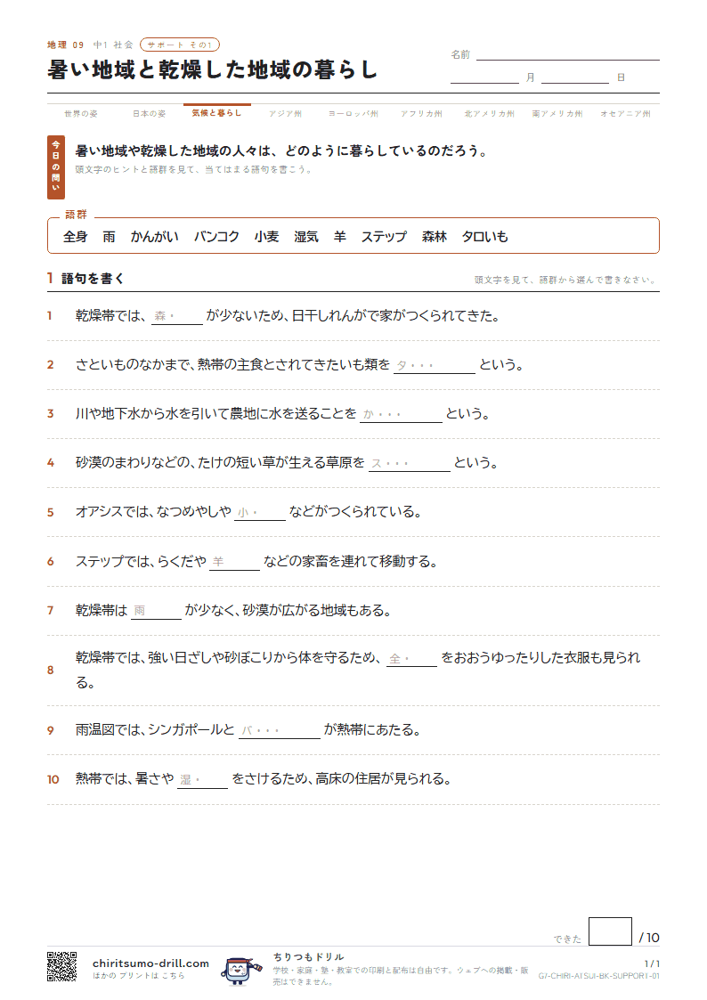 暑い地域と乾燥した地域の暮らし サポート その1の見本