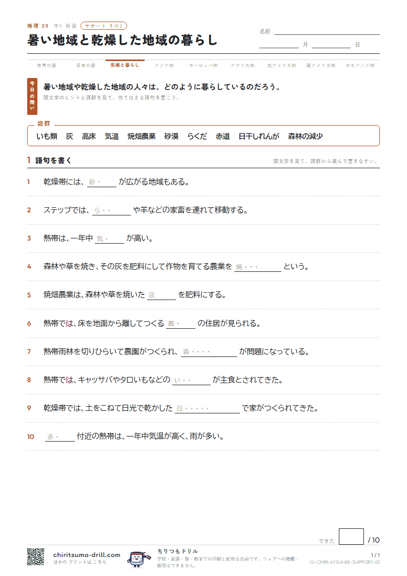 暑い地域と乾燥した地域の暮らし サポート その2の見本