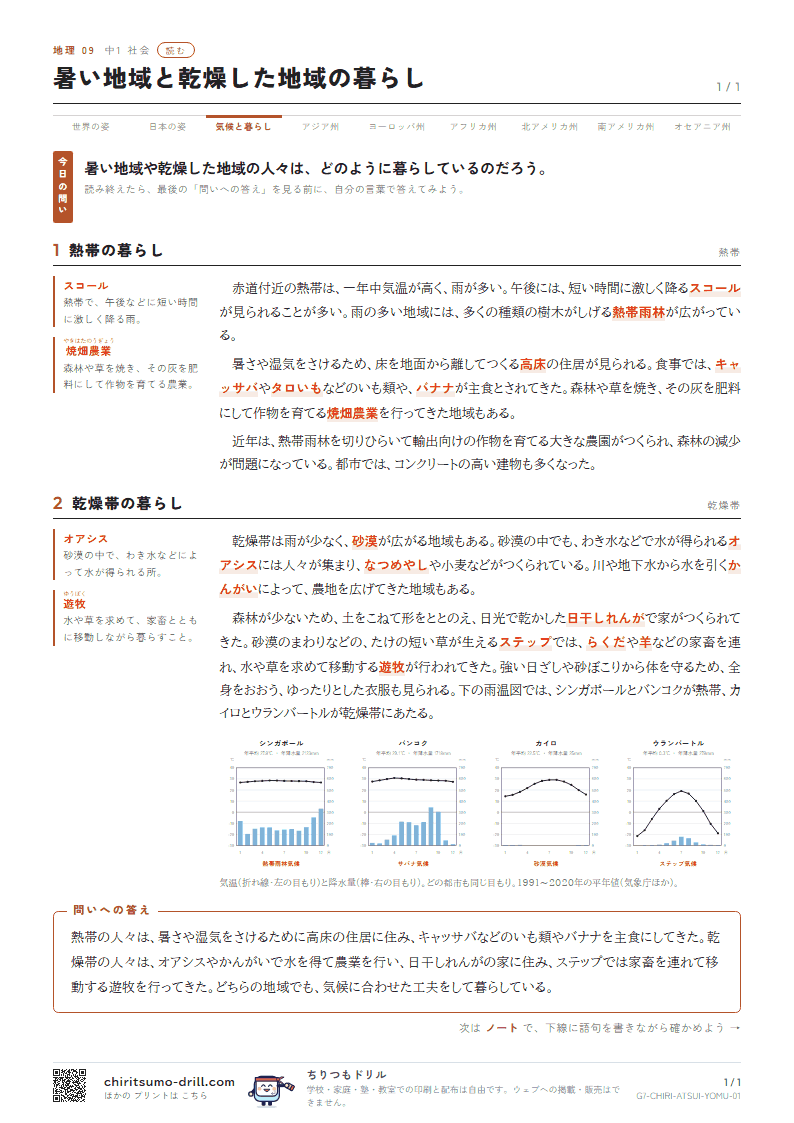 暑い地域と乾燥した地域の暮らし 読むの見本