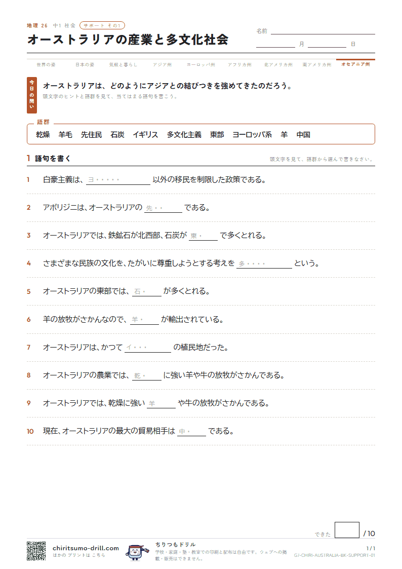 オーストラリアの産業と多文化社会 サポート その1の見本