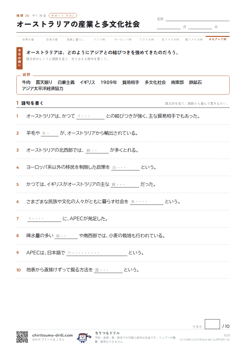 オーストラリアの産業と多文化社会 サポート その2の見本