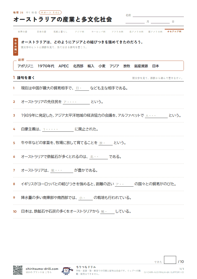 オーストラリアの産業と多文化社会 サポート その3の見本