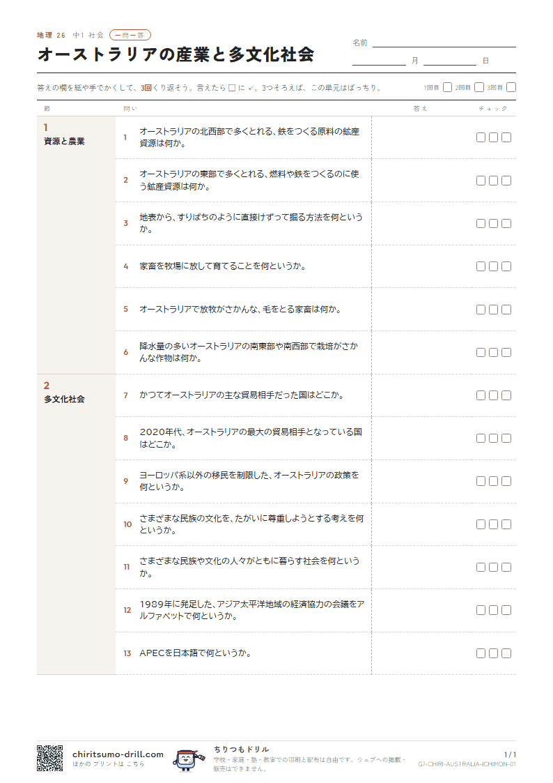 オーストラリアの産業と多文化社会 一問一答の見本