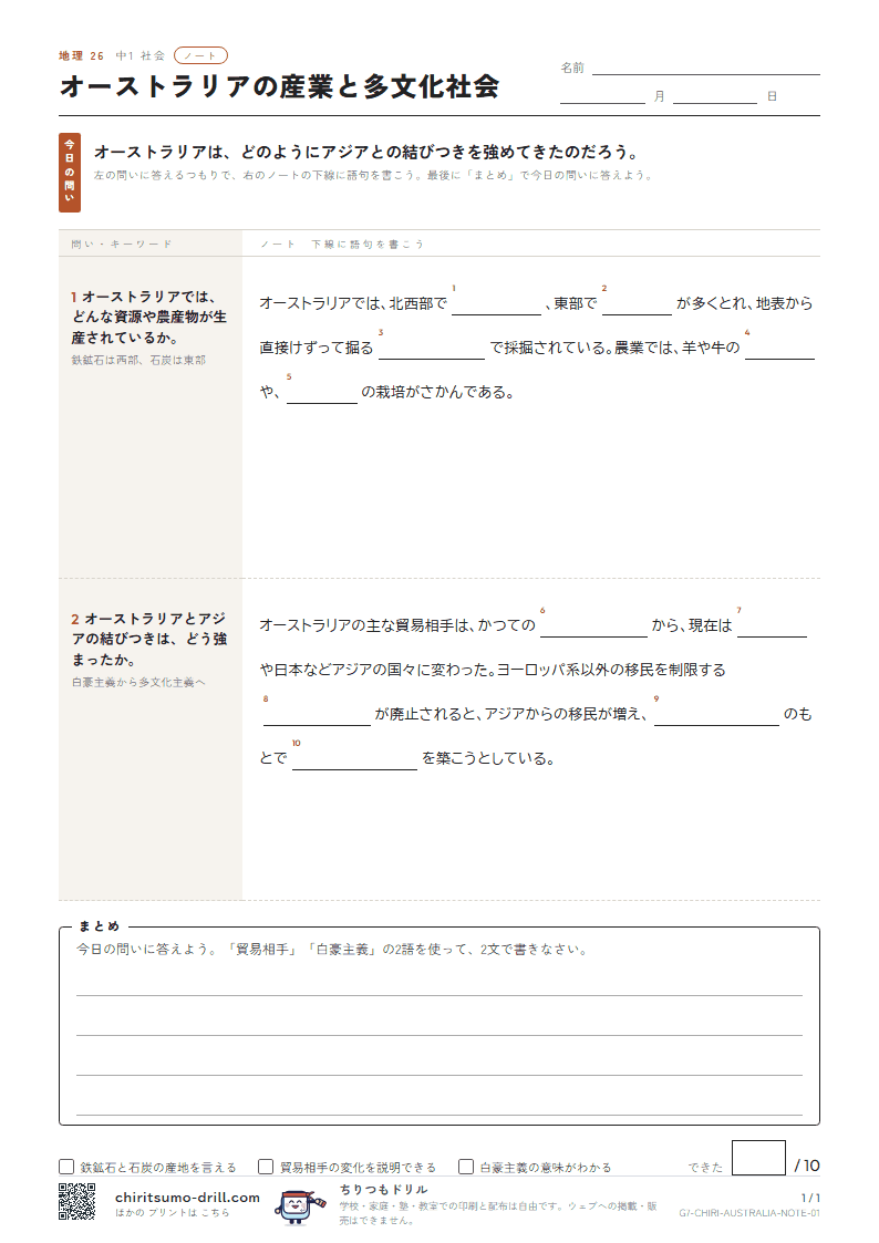 オーストラリアの産業と多文化社会 ノートの見本