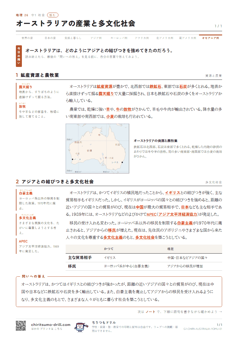 オーストラリアの産業と多文化社会 読むの見本