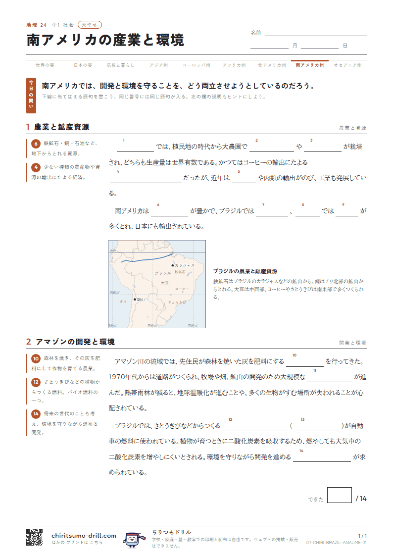 南アメリカの産業と環境 穴埋めの見本