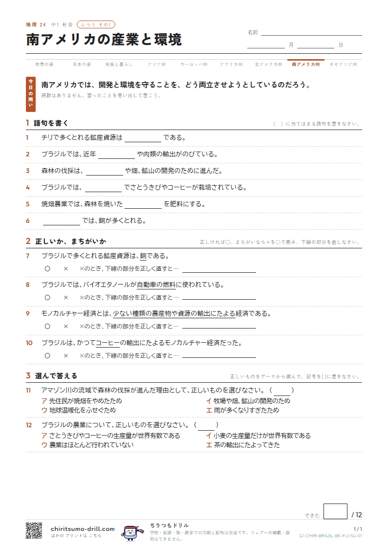 南アメリカの産業と環境 ふつう その1の見本