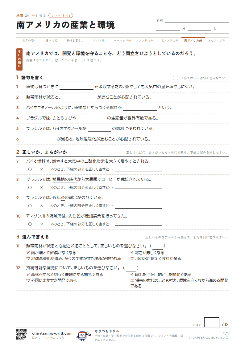 南アメリカの産業と環境 ふつう その3の見本