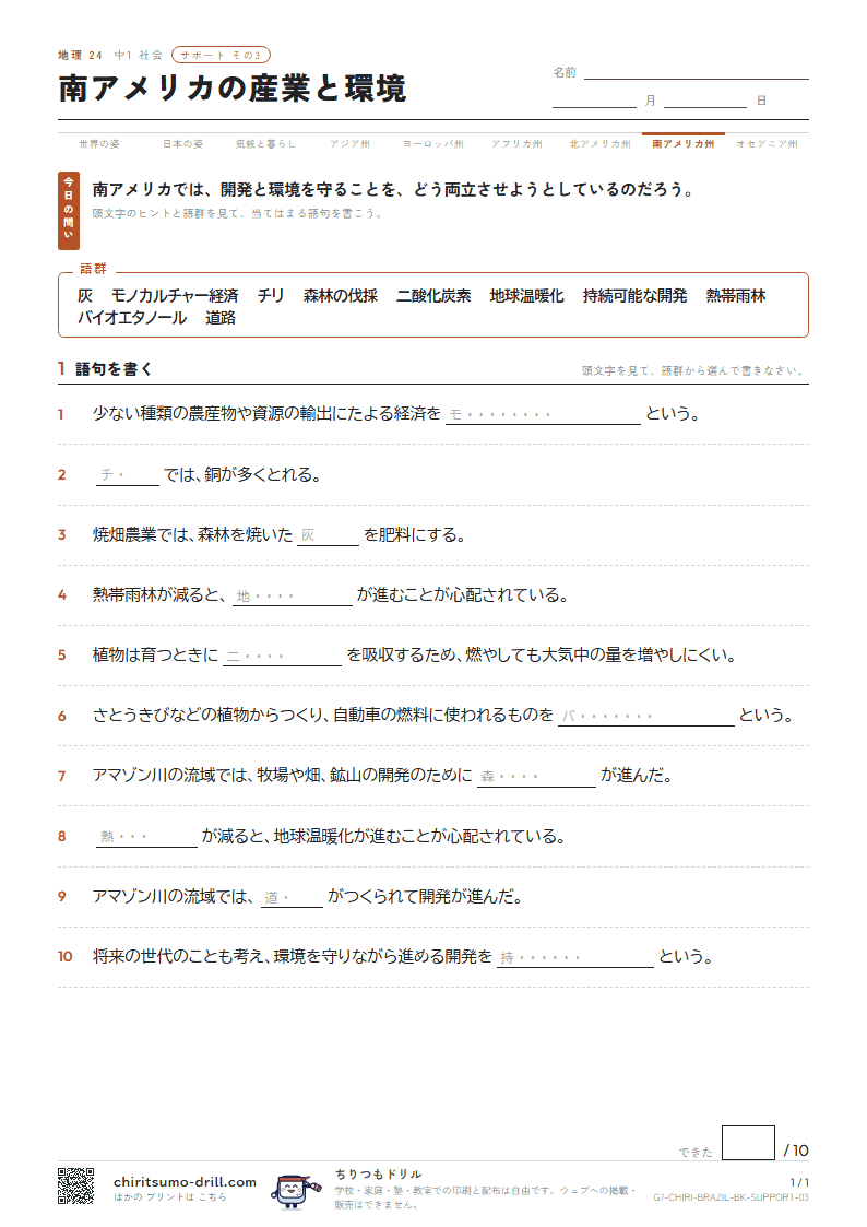 南アメリカの産業と環境 サポート その3の見本