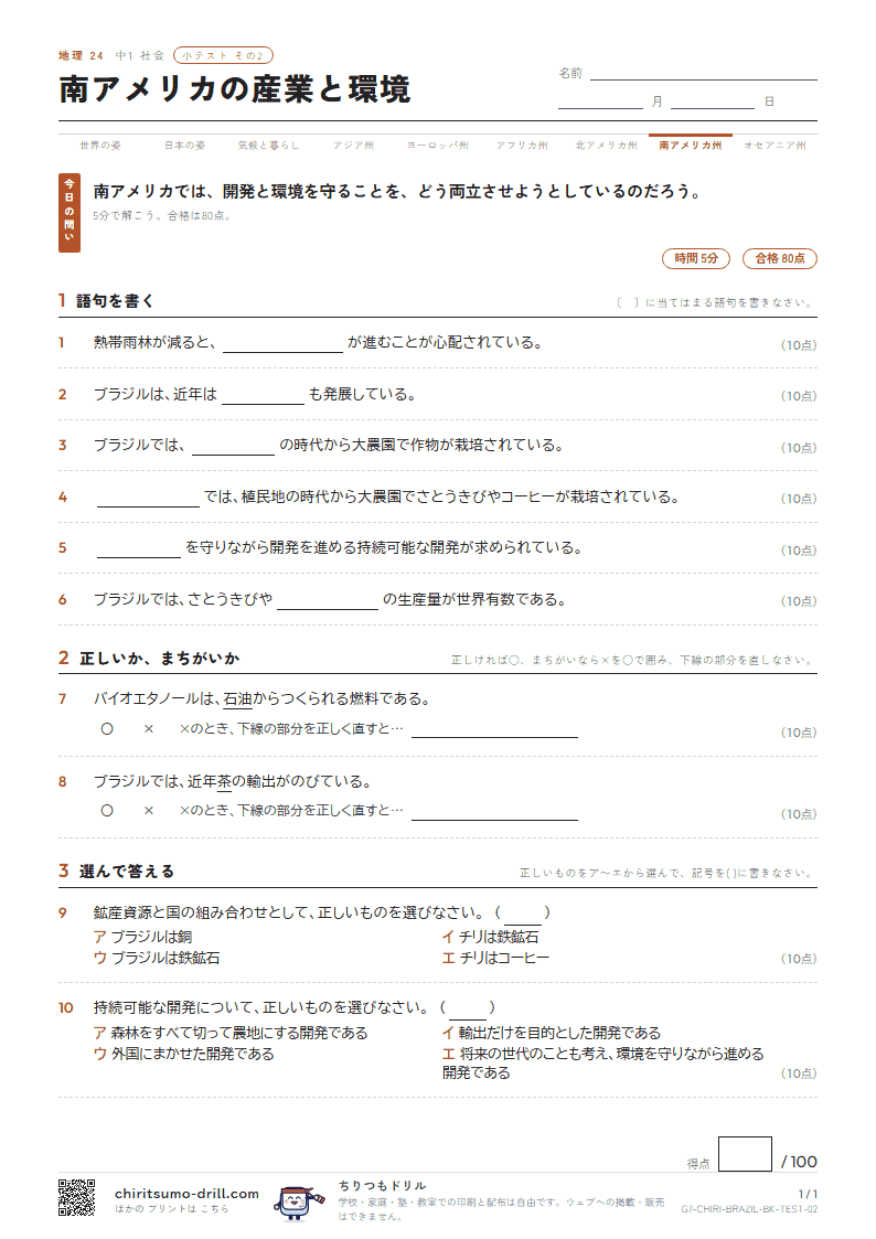 南アメリカの産業と環境 小テスト その2の見本