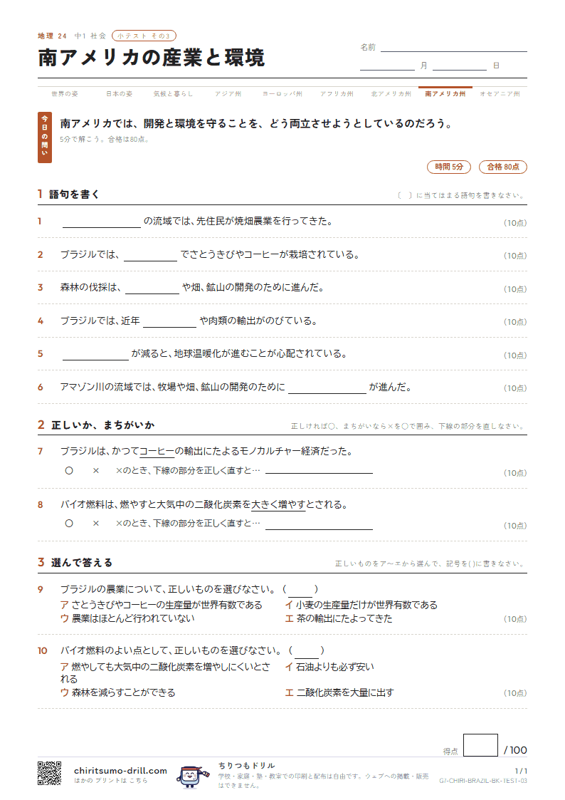 南アメリカの産業と環境 小テスト その3の見本