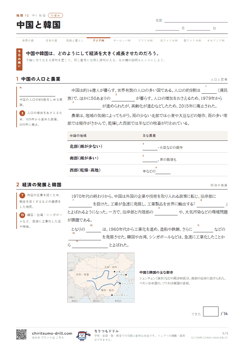 中国と韓国 穴埋めの見本