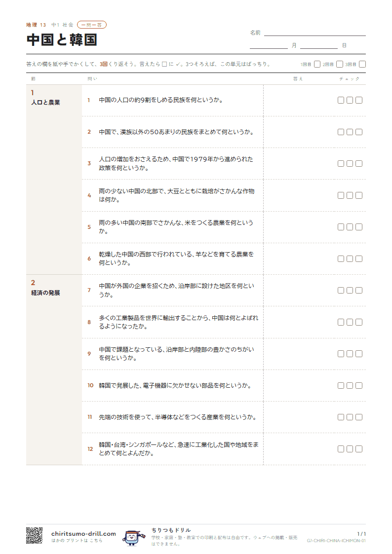 中国と韓国 一問一答の見本