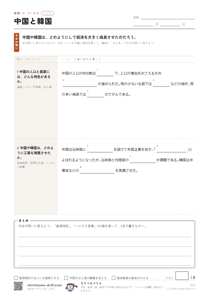 中国と韓国 ノートの見本