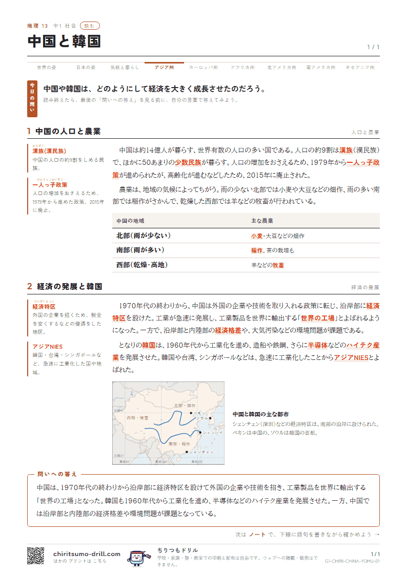 中国と韓国 読むの見本