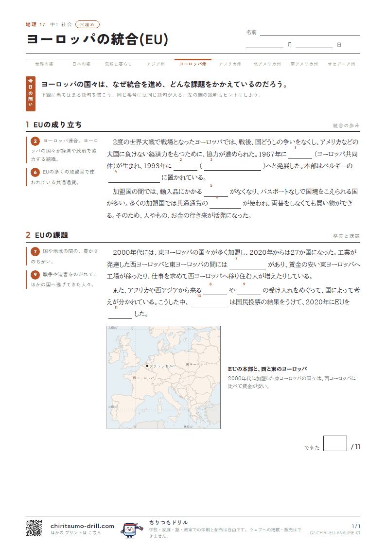 ヨーロッパの統合(EU) 穴埋めの見本