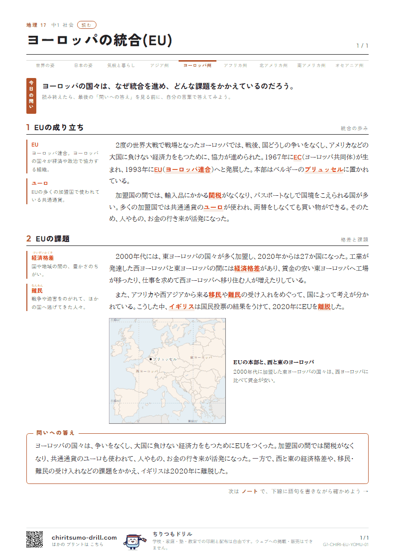 ヨーロッパの統合(EU) 読むの見本