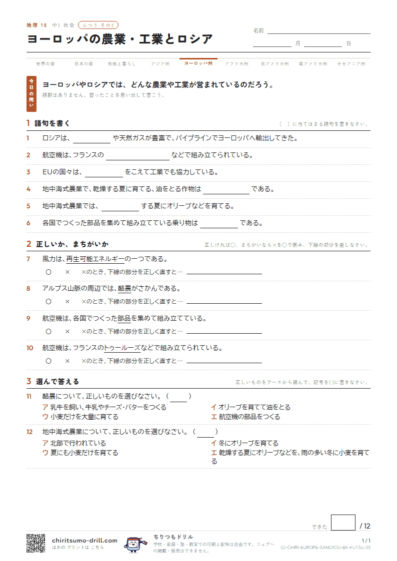 ヨーロッパの農業・工業とロシア ふつう その3の見本