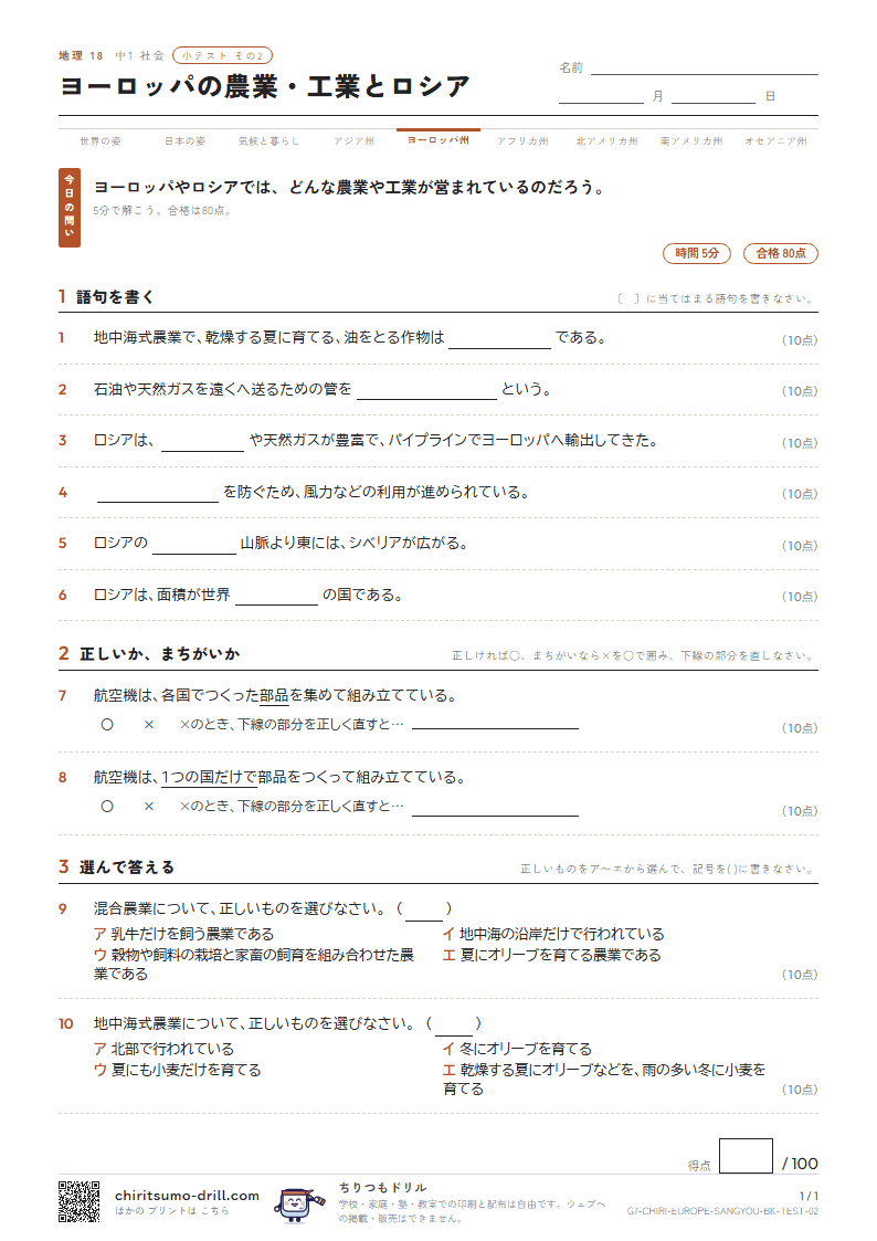ヨーロッパの農業・工業とロシア 小テスト その2の見本
