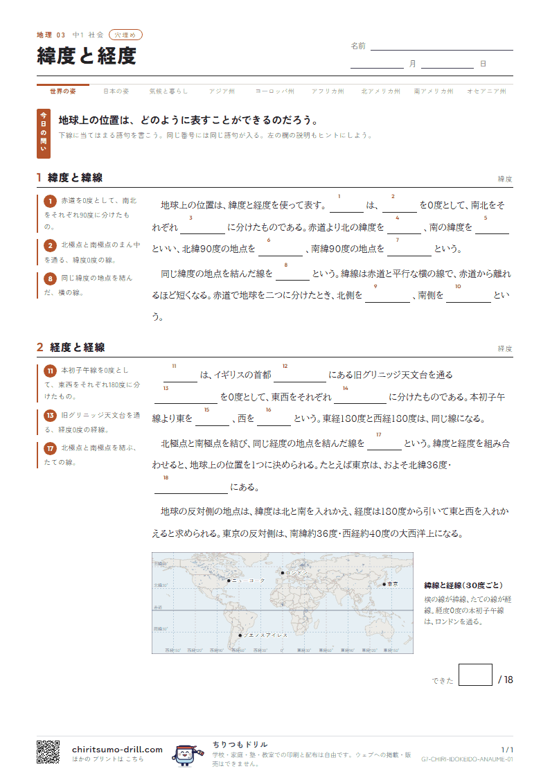 緯度と経度 穴埋めの見本