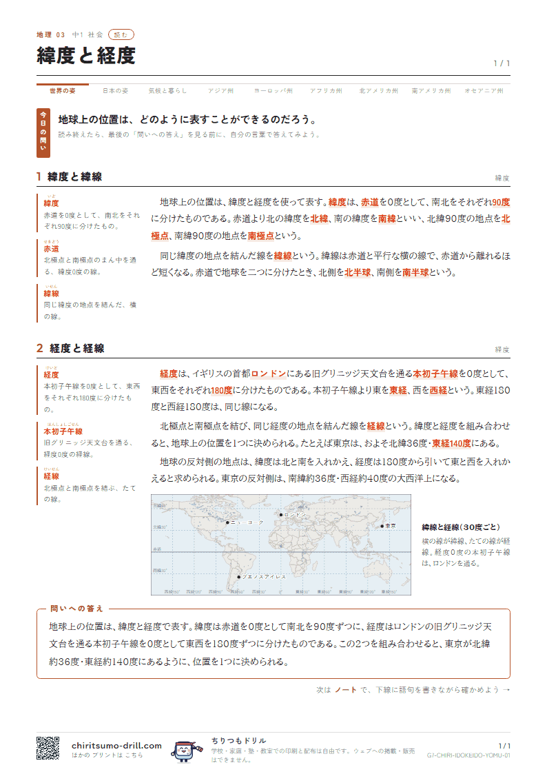 緯度と経度 読むの見本