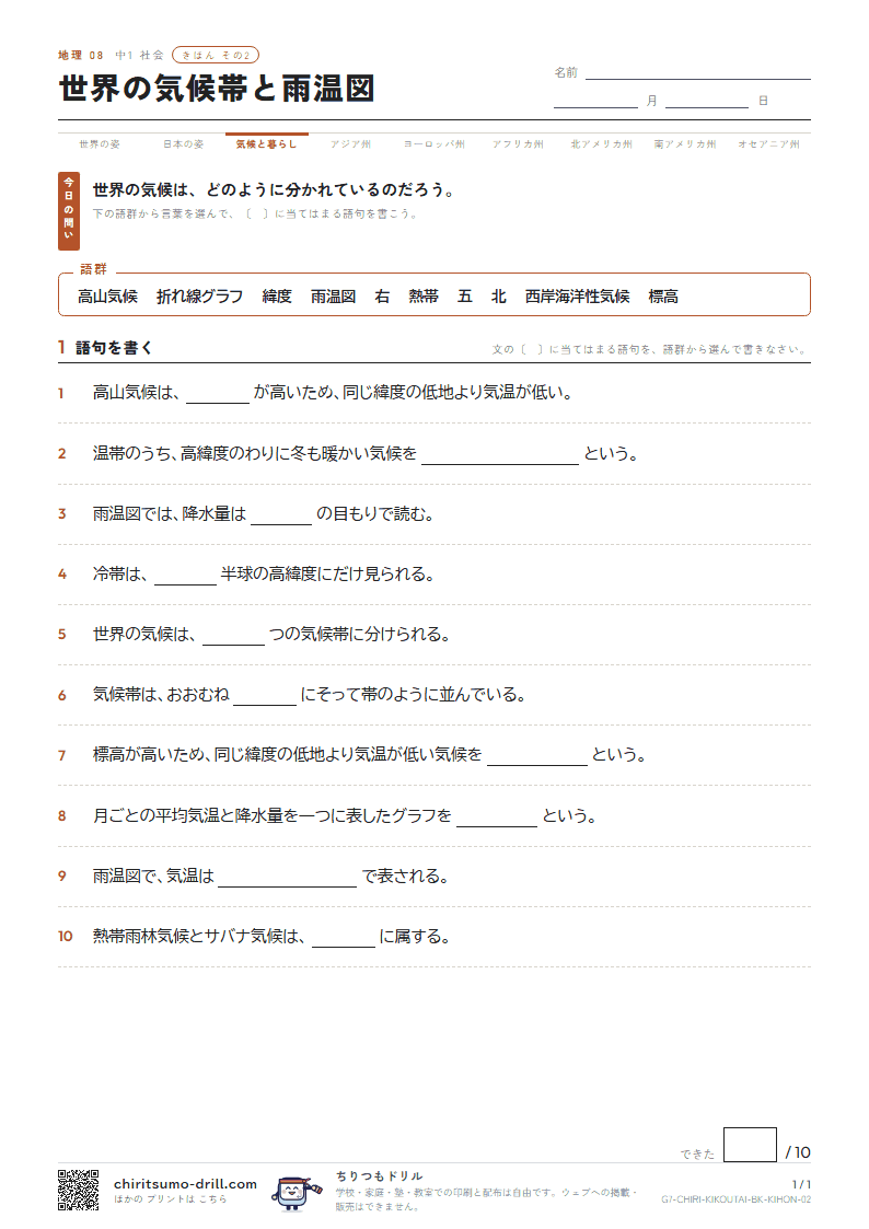 世界の気候帯と雨温図 きほん その2の見本