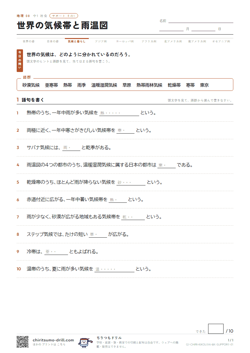 世界の気候帯と雨温図 サポート その1の見本