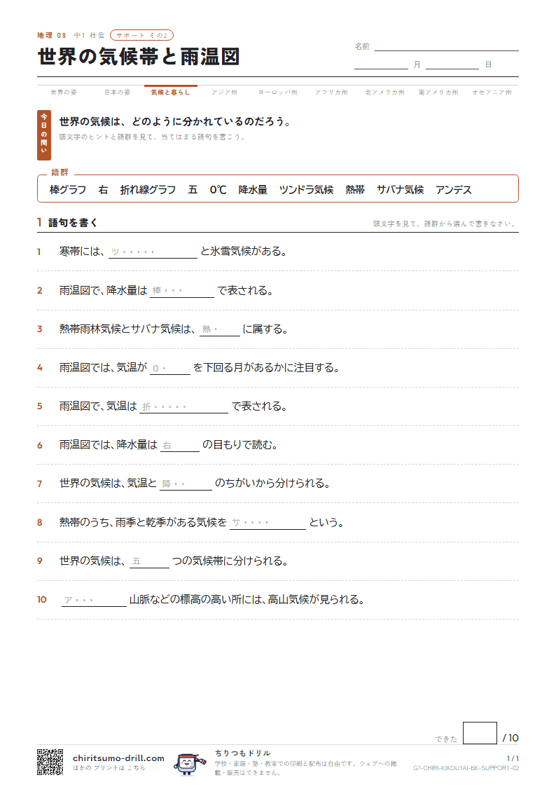 世界の気候帯と雨温図 サポート その2の見本