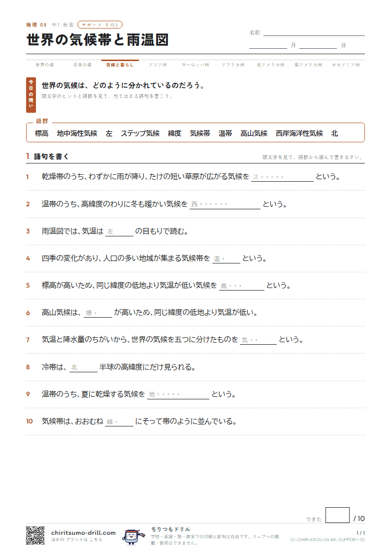 世界の気候帯と雨温図 サポート その3の見本
