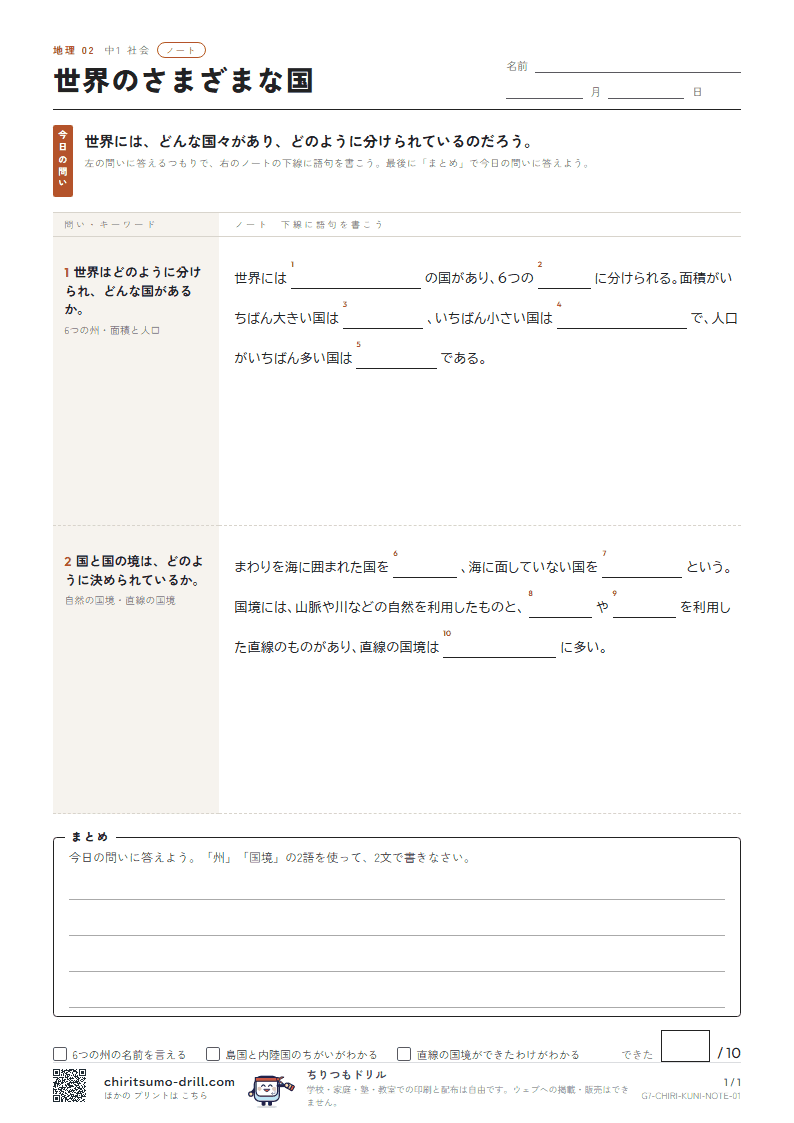世界のさまざまな国 ノートの見本