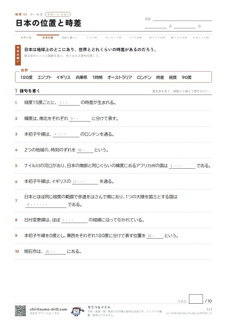 日本の位置と時差 サポート その1の見本
