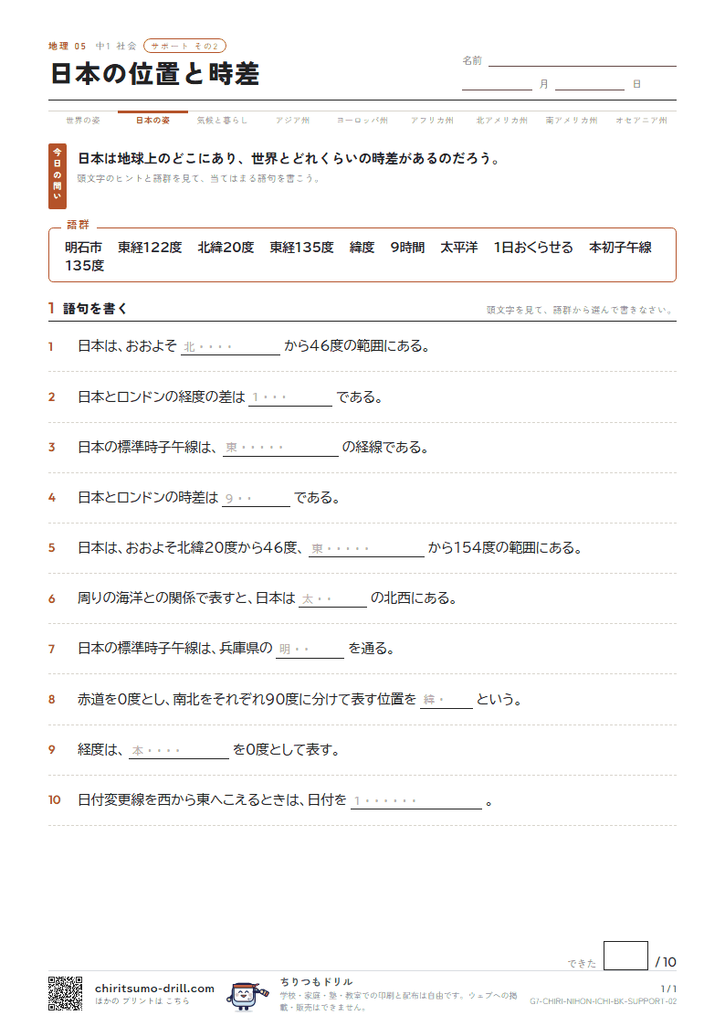 日本の位置と時差 サポート その2の見本