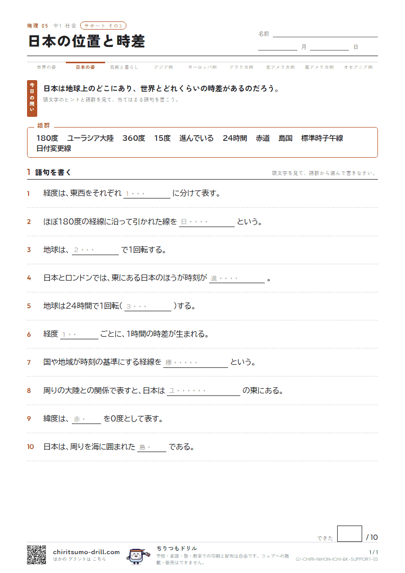 日本の位置と時差 サポート その3の見本