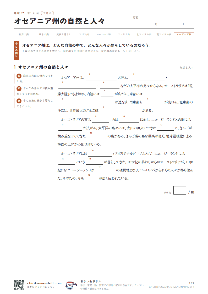 オセアニア州の自然と人々 穴埋めの見本