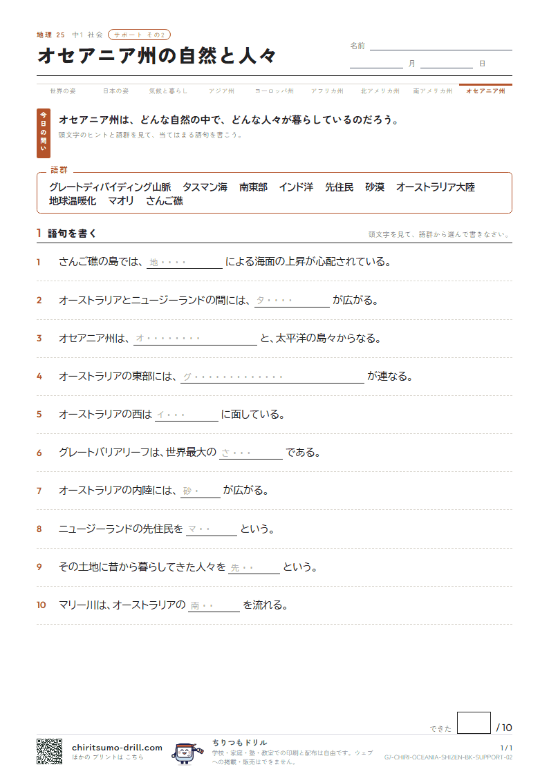 オセアニア州の自然と人々 サポート その2の見本