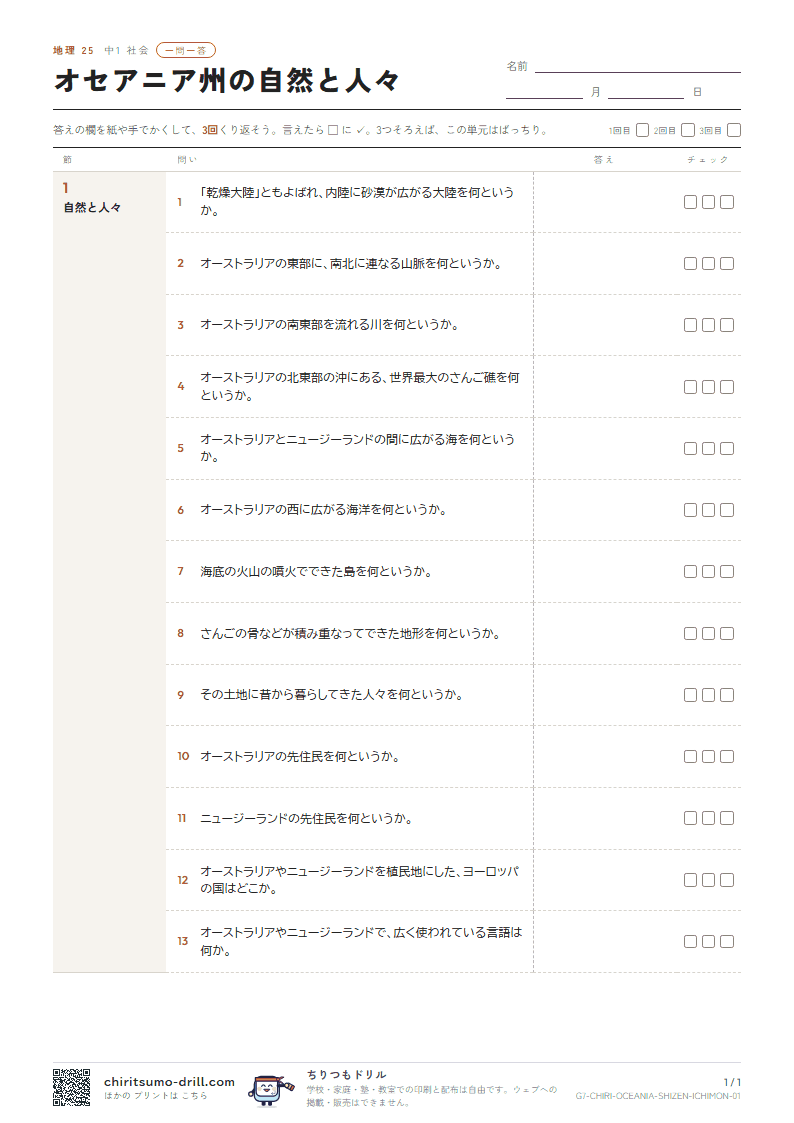 オセアニア州の自然と人々 一問一答の見本