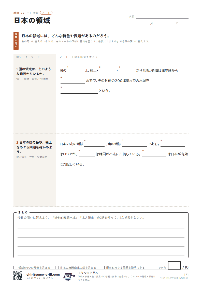 日本の領域 ノートの見本