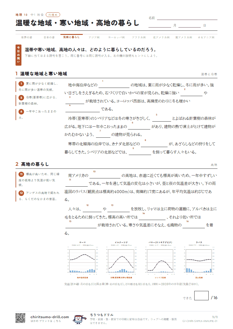 温暖な地域・寒い地域・高地の暮らし 穴埋めの見本