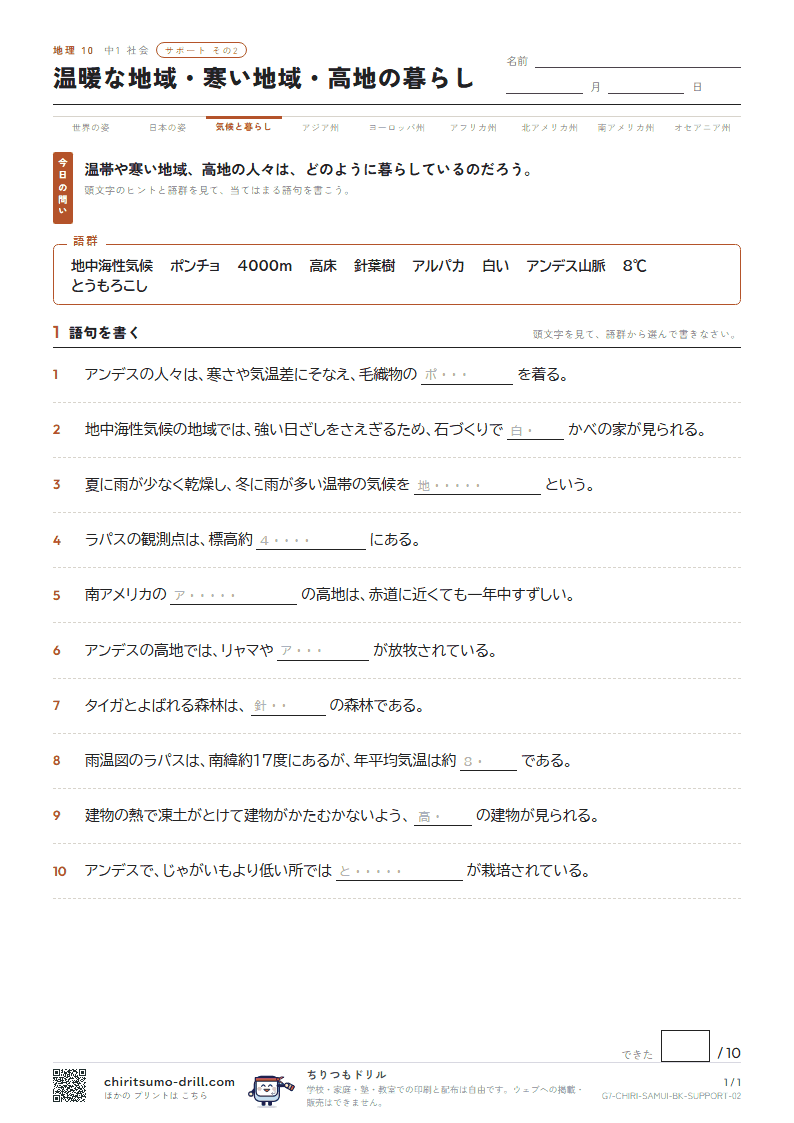 温暖な地域・寒い地域・高地の暮らし サポート その2の見本