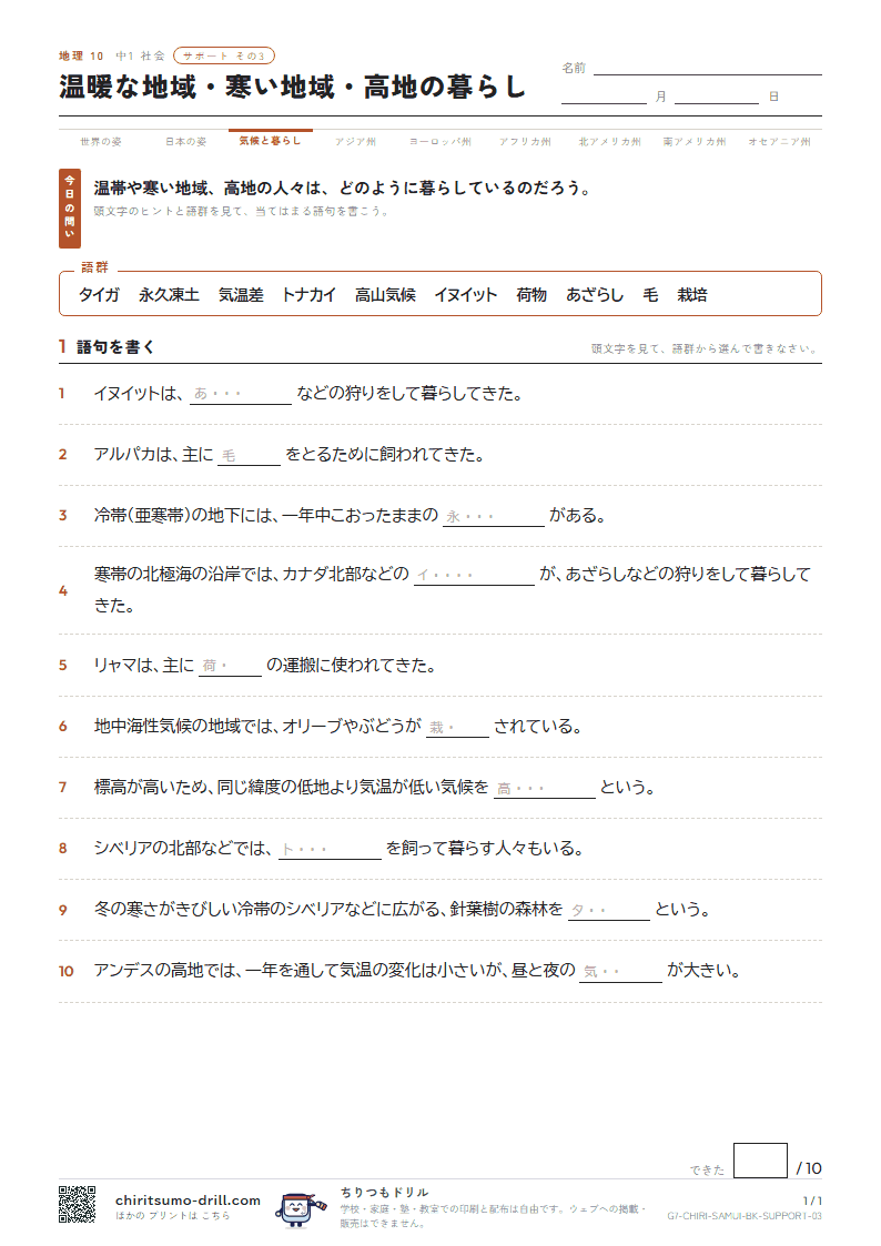 温暖な地域・寒い地域・高地の暮らし サポート その3の見本