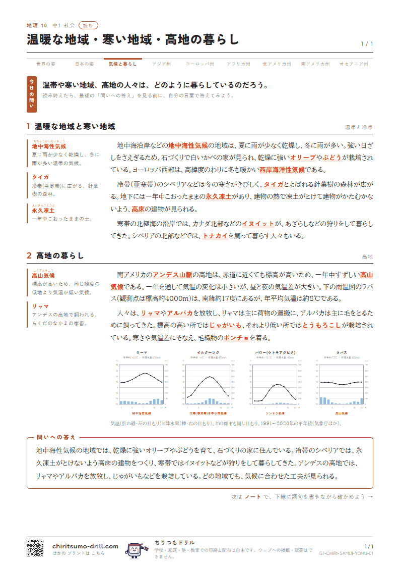 温暖な地域・寒い地域・高地の暮らし 読むの見本
