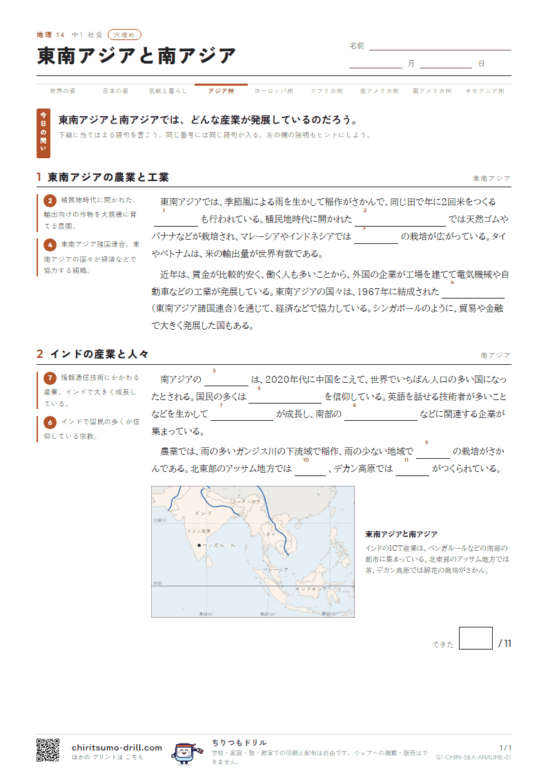 東南アジアと南アジア 穴埋めの見本